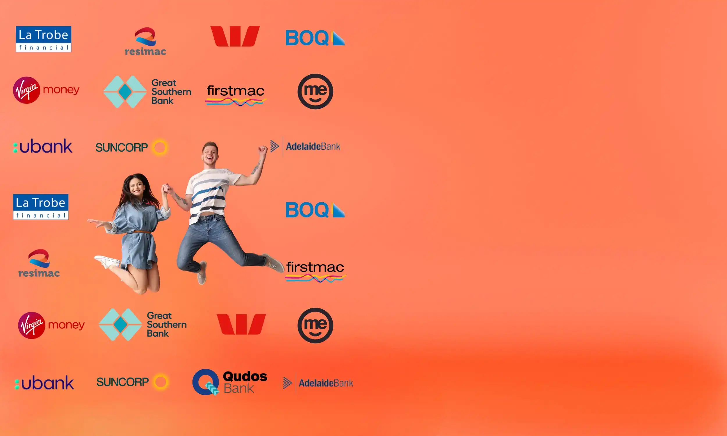 young couple jumping for joy surrounded by finance, banking and lending logos